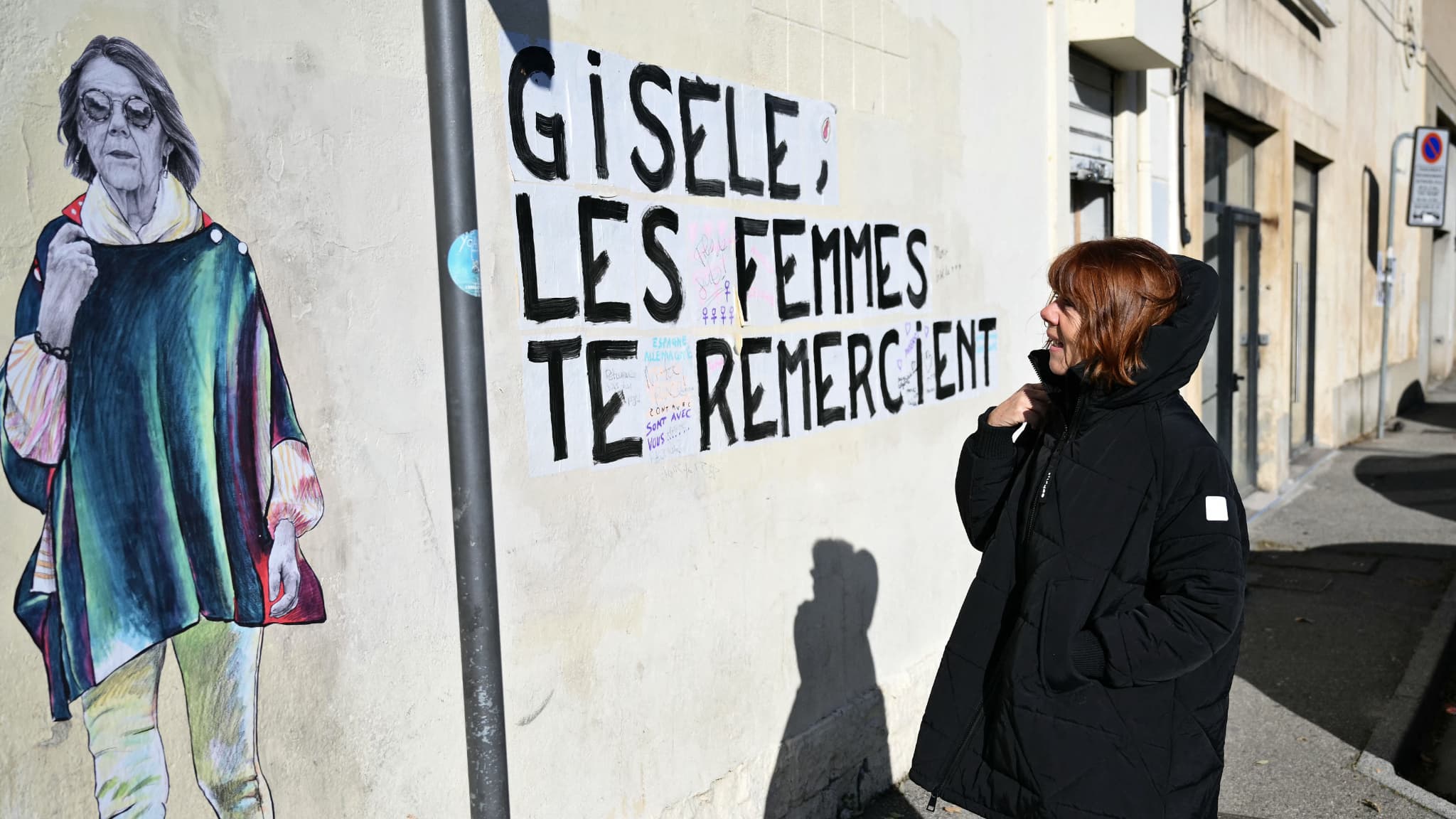 Gisèle Pelicot observe un collage réalisé par la street-artiste "LaDame Quicolle", à son arrivée au tribunal judiciaire d'Avignon (Vaucluse), le 4 décembre 2024. Gisèle Pelicot observe un collage réalisé par la street-artiste "LaDame Quicolle", à son arrivée au tribunal judiciaire d'Avignon (Vaucluse), le 4 décembre 2024.