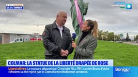“Ça parle à tout le monde” : Éric Straumann, maire de Colmar, commente l’installation d’une écharpe rose sur la statue de la Liberté pour Octobre Rose