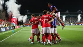 Les joueurs de Benfica célèbrent le but de Vangelis Pavlidis lors de la victoire contre le Sporting (1-0) en Supercoupe du Portugal, le 31 juillet 2025