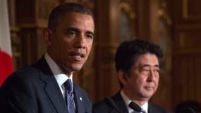 Le président Barack Obama lors de sa conférence de presse bilatéral avec le Premier ministre japonais, Shinzo Abe, le 23 avril 2014 à Tokyo.
