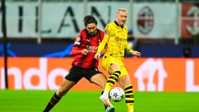 Yacine Adli et Marco Reus lors de la rencontre AC Milan-Dortmund, le 28 novembre 2023