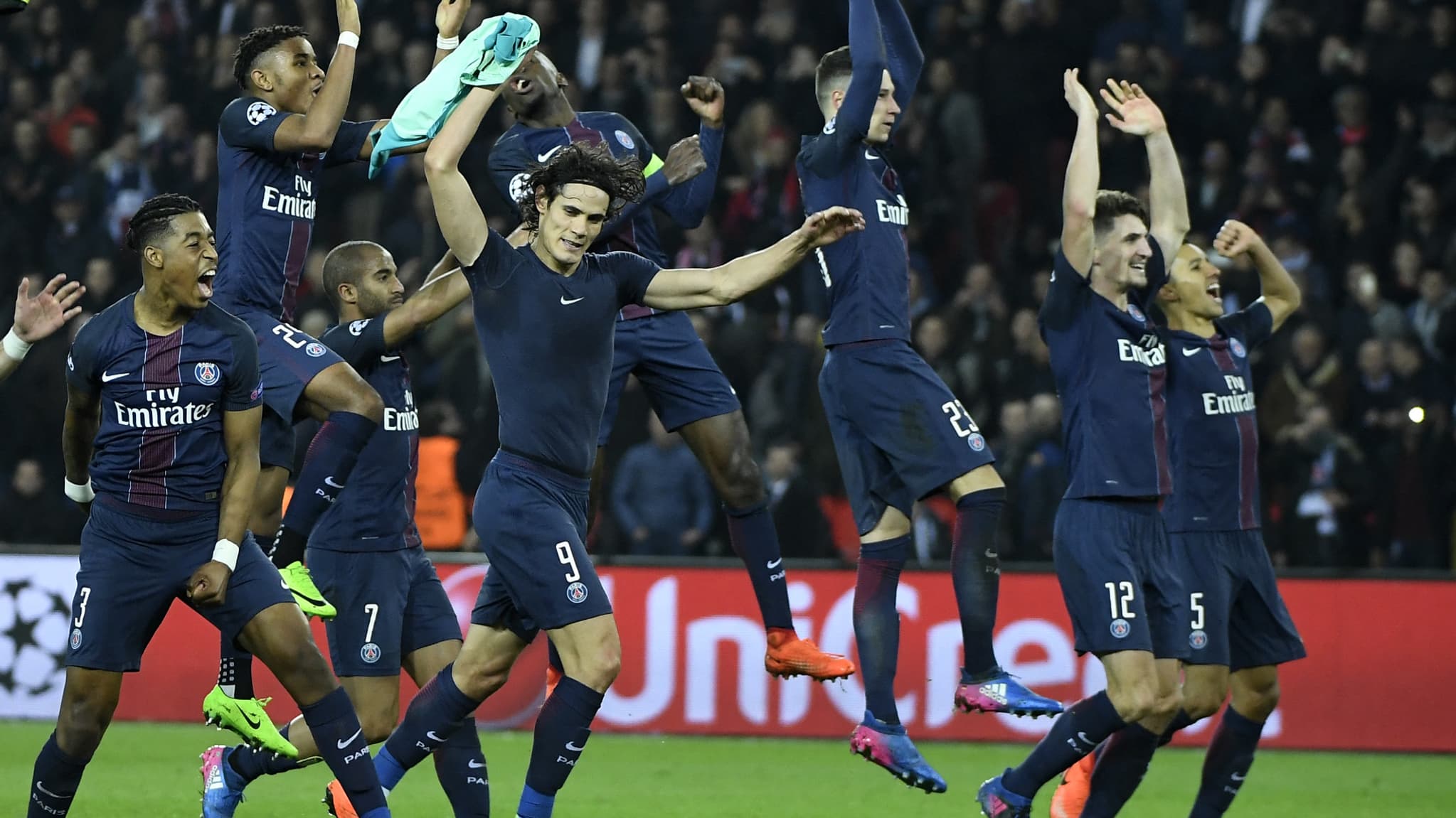 La joie des Parisiens après leur succès face au Barça en 2017 La joie des Parisiens après leur succès face au Barça en 2017