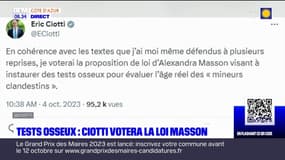 Eric Ciotti votera la proposition de loi d'Alexandra Masson pour rendre obligatoires les tests osseux sur les migrants mineurs