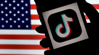 Le logo de TikTok s'affiche sur l'écran d'un téléphone portable, avec le drapeau américain en toile de fond, le 3 août 2020 à Arlington (Etats-Unis)