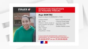 L'avis de disparition inquiétante d'Asya par la police nationale des Yvelines le 28 septembre 2023.