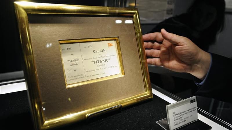 L'un des rares billets existants pour l'inauguration du Titanic pourrait atteindre les 70.000 dollars (53.380 euros) lors des enchères organisées à New York par la maison Bonham's pour le centenaire du funeste voyage transatlantique du paquebot./Photo pri