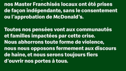 Message de McDonald's au sujet du conflit au Proche Orient