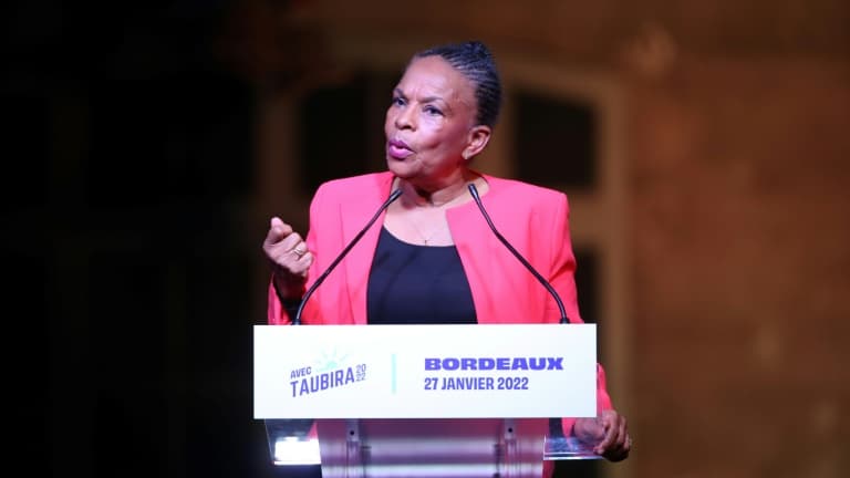 Christiane Taubira, candidate à l'élection présidentielle française, en meeting à Bordeaux le 27 janvier 2022