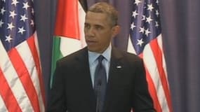 Barack Obama lors d'une conférence de presse conjointe avec le dirigeant palestinien Mahmoud Abbas à Ramallah en Cisjordanie, le 21 mars 2013