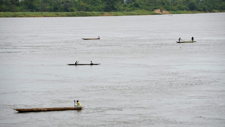 Pirogues sur l'Oubangui, dans le nord de la RD Congo, le 10 avril 2014