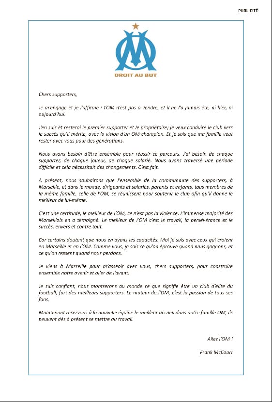 La lettre de Frank McCourt aux supporters de l'OM