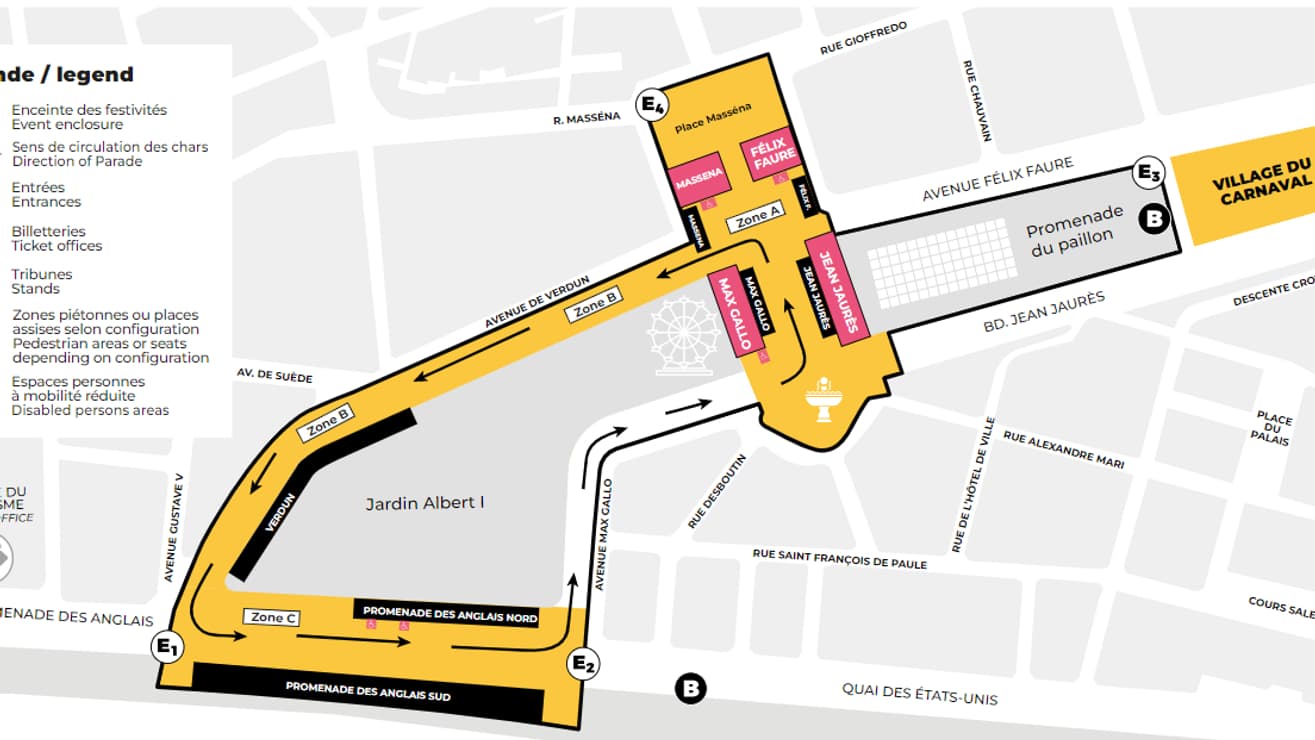 Les festivités du carnaval de Nice s'étendent de la Promenade des Anglais jusqu'au square Leclerc, où se trouve le village du Carnaval. Les festivités du carnaval de Nice s'étendent de la Promenade des Anglais jusqu'au square Leclerc, où se trouve le village du Carnaval.