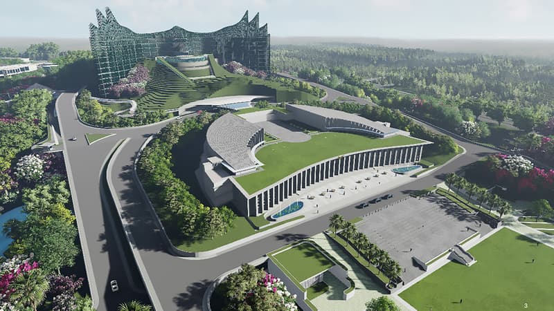 Images de synthèse diffusées le 18 janvier 2022 montrant le futur palais présidentiel de l'Indonésie à Kalimantan Est, dans le cadre du transfert de la capitale de Jakarta sur une île de Bornéo, recouverte de jungle, qui sera baptisée "Nusantara".