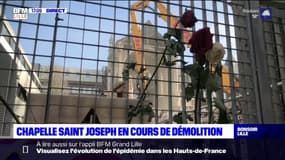 Lille: des roses déposées symboliquement devant la chapelle Saint Joseph en cours de démolition 