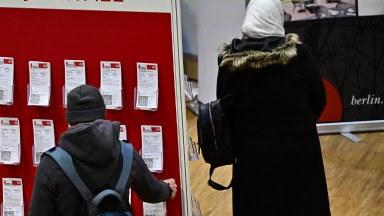 Un visiteur examine une offre lors d'un salon pour l'emploi des migrants, à Berlin le 28 janvier 2019.