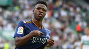 Le Brésilien du Real Madrid Vinicius après avoir ouvert le score contre Elche, le 30 octobre 2021 à Elche en championnat d'Espagne