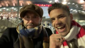 David Beckham et son fils Romeo après le choc entre Arsenal et Manchester United, le 23 janvier 2023.