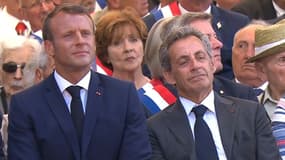 Emmanuel Macron et Nicolas Sarkozy à Saint-Raphaël, lors des commémorations du débarquement de Provence, le 15 août 2019.