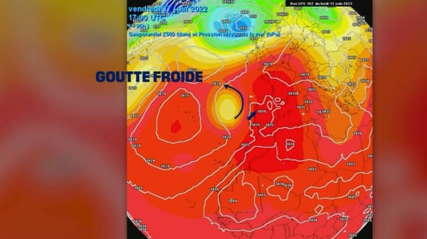 La goutte froide au large du Portugal, responsable de la plume de chaleur qui remonte sur la France 