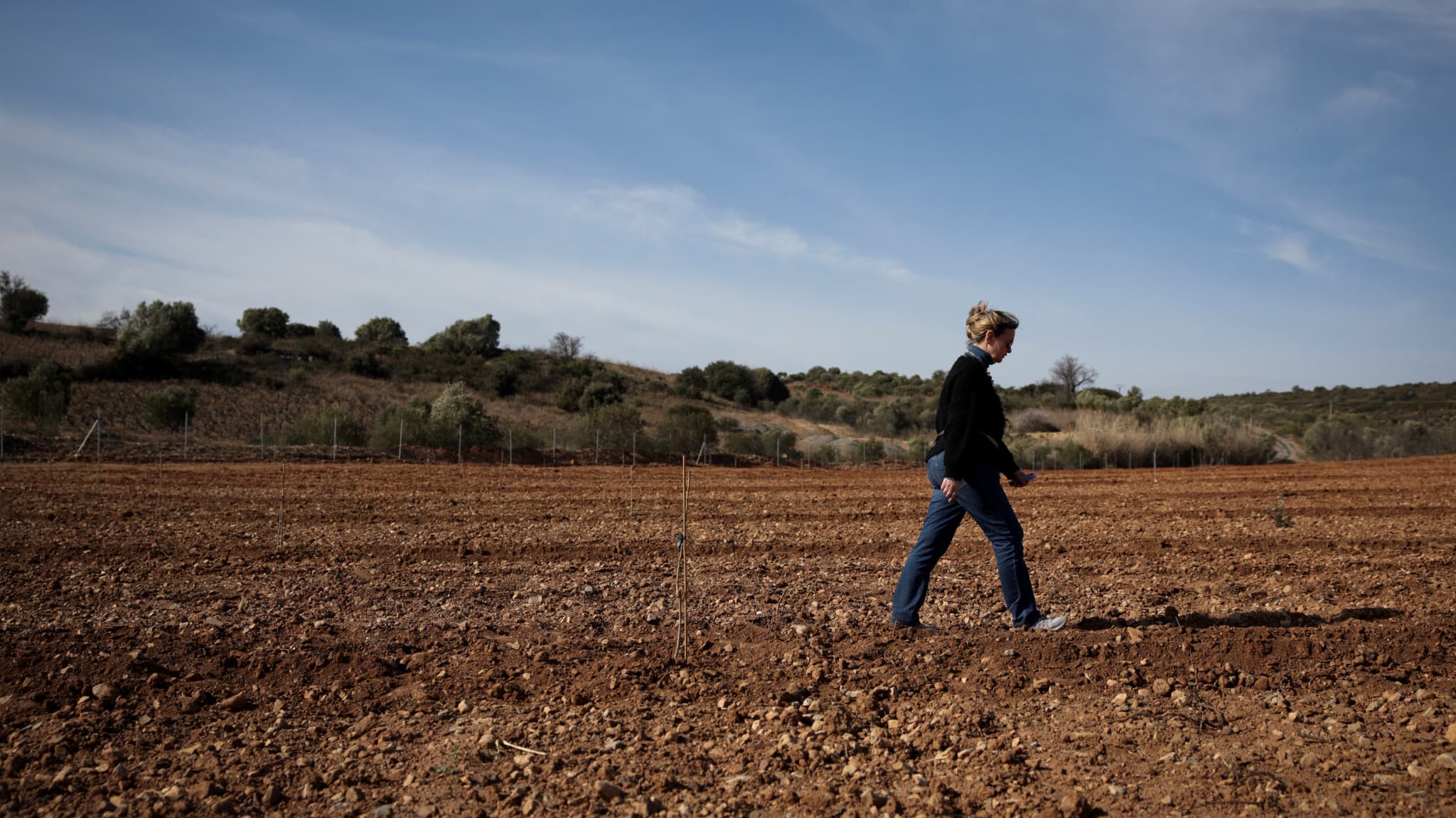 Marguerite Bonzoms, chef d'exploitation agricole française, marche dans son champ de pistachiers, à Calce, dans le sud-ouest de la France, le 8 février 2024. 