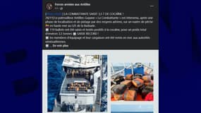 Capture d'écran d'une publication du compte Facebook des Forces armées aux Antilles de la marine française faisait état d'un saisie de cocaïne dans les Antilles.