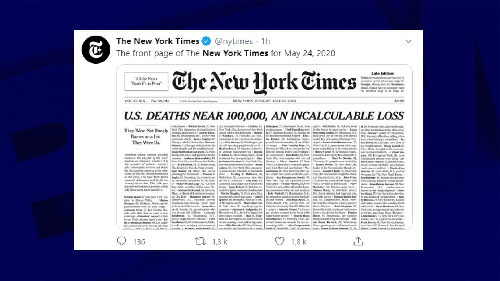 "Ils n'étaient pas qu'un chiffre": le New York Times publie en Une 1000 ...