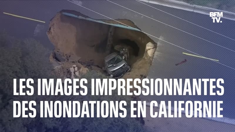 En Californie, une voiture tombe dans un trou apparu dans la route causé par les violentes intempéries