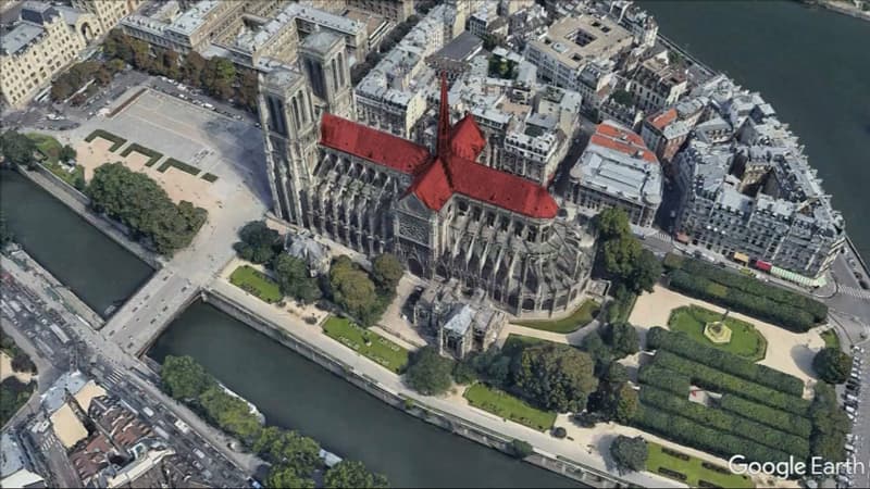 La partie en rouge est celle qui a été endommagée par l'incendie de la cathédrale Notre-Dame.