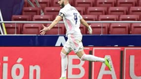 Karim Benzema a offert l'égalisation au Real Madrid lors du derby de la capitale contre l'Atletico au Wanda Metropolitano, le 7 mars 2021 