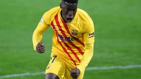 Le milieu de Barcelone, Ilaix Moriba, exulte après son but lors du match de Liga face à Osasuna, à Pampelune, le 6 mars 2021