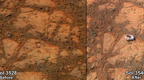 Avant-après, l'apparition d'un mystérieuse roche à la surface de Mars.