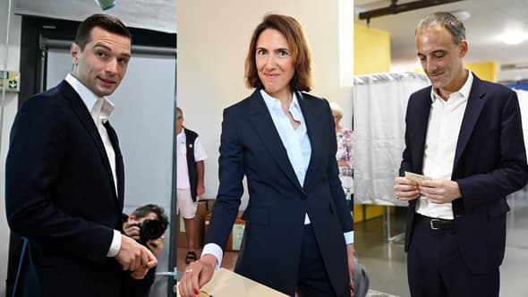 Jordan Bardella, Valérie Hayer et Raphaël Glucksmann, le 9 juin 2024 lors du scrutin des Européennes