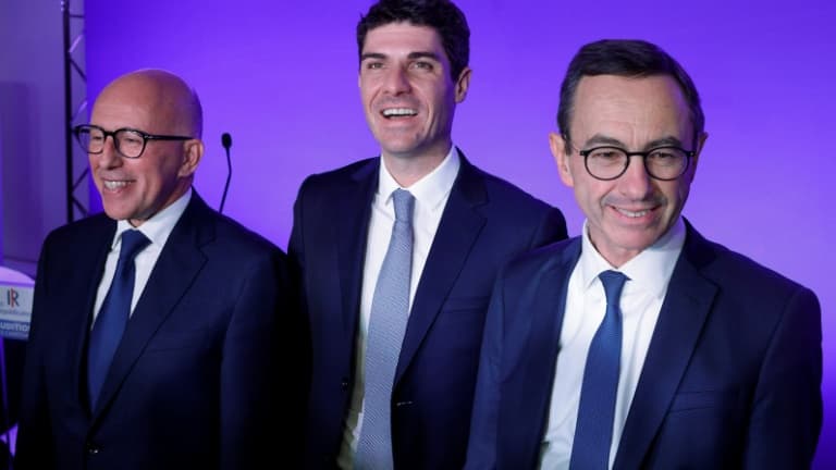 (g-d) Eric Ciotti, Aurélien Pradié et Bruno Retailleau, candidats à la présidence des Républicains, à l'issue d'un grand oral au siège du parti, le 26 novembre 2022 à Paris