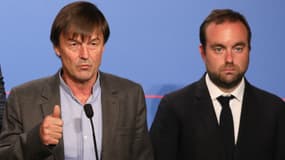 Nicolas Hulot et Sébastien Lecornu lors d'un point presse à l'issue du Conseil des ministres du 7 novembre 2017