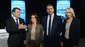 Christian Estrosi (LR), Sophie Camard (EELV), Christophe Castaner (PS) et Marion Maréchal-Le Pen (FN) le 21 octobre 2015 avant un débat TV à Marseille