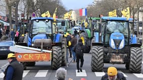 Des agriculteurs du syndicat agricole Coordination rurale participent à une manifestation avant l'ouverture du 60e Salon international de l'agriculture à Paris, le 23 février 2024.