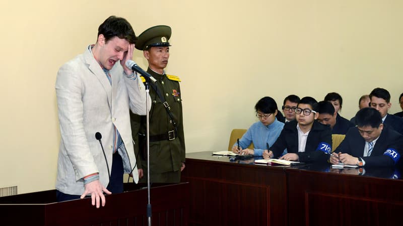Otto Warmbier, lors de sa conférence de presse à Pyongyang, le 29 février 2016.