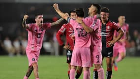 Rodrigo De Paul, Lionel Messi et Luis Suarez célèbrent un but lors de la victoire de l'Inter Miami contre l'Atlas Guadalajara (2-1, Leagues Cup), le 30 juillet 2025