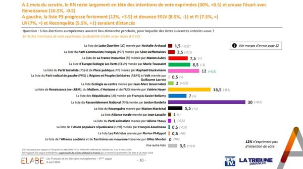 Les intentions de vote exprimées pour les élections européennes, selon un sondage Elabe pour BFMTV et La Tribune dimanche publié le 6 avril 2024