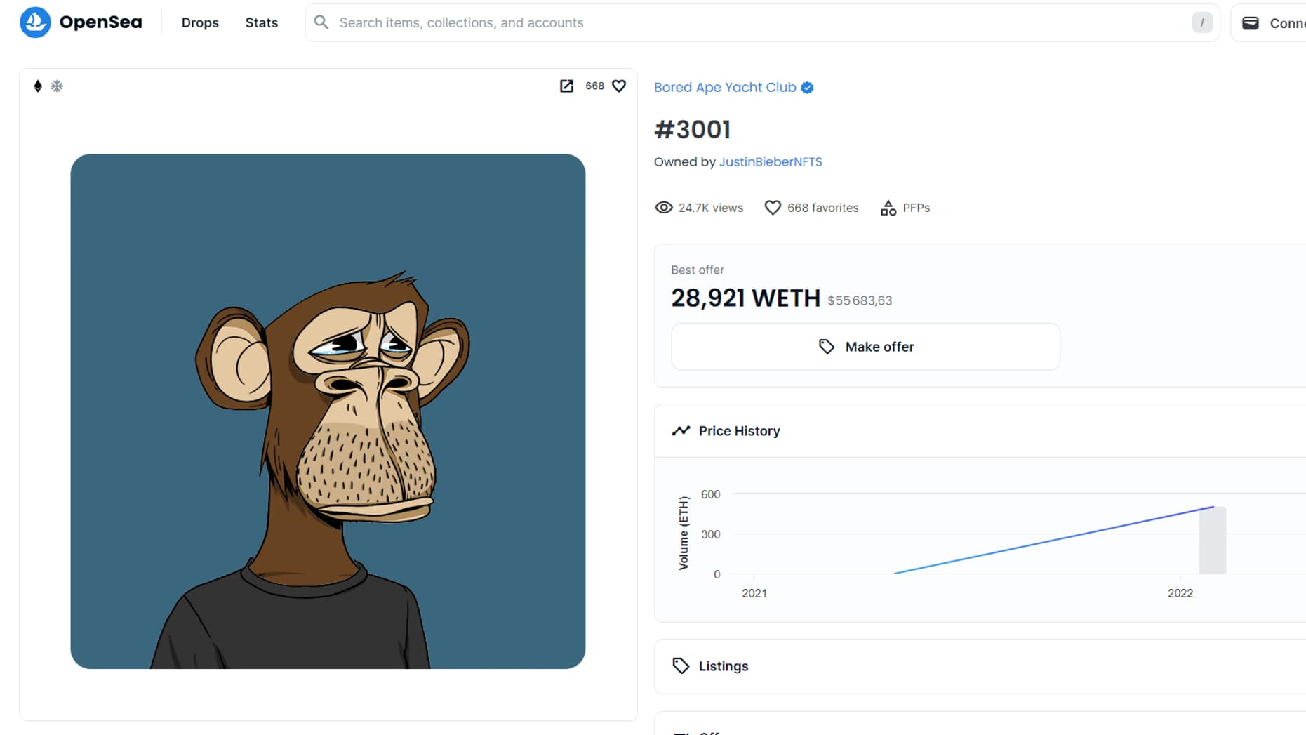 Le NFT #3001 de la collection des Bored Ape Yacht Club acheté par Justin Bieber