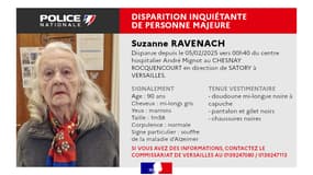 Suzanne Ravenach, une nonagénaire atteinte d'Alzheimer, a disparu depuis mercredi 5 février
