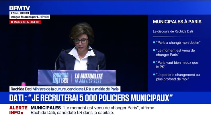 Élection municipale: "Je recruterai 5.000 policiers municipaux et ils seront armés", annonce Rachida Dati, ministre de la Culture et candidate LR à la mairie de Paris