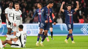 Senny Mayulu célèbre son but avec le PSG contre Rennes, le 6 décembre 2025.
