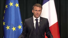 Macron s'exprime depuis l'Albanie, le 17 octobre 2023. 