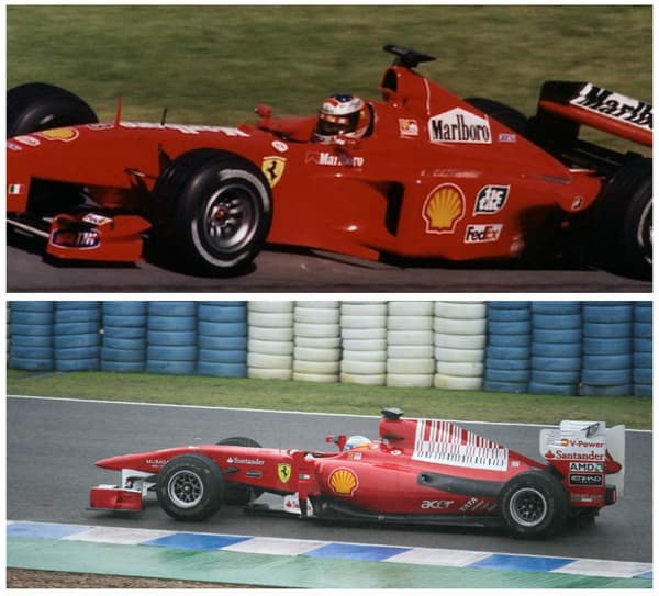 Visible distinctement (en haut sur la Ferrari de Schumacher en 1999) le logo Marlboro a été remplacé par un code-barre (visible en bas sur la monoplace d'Alonso en 2010) pour finalement disparaître.