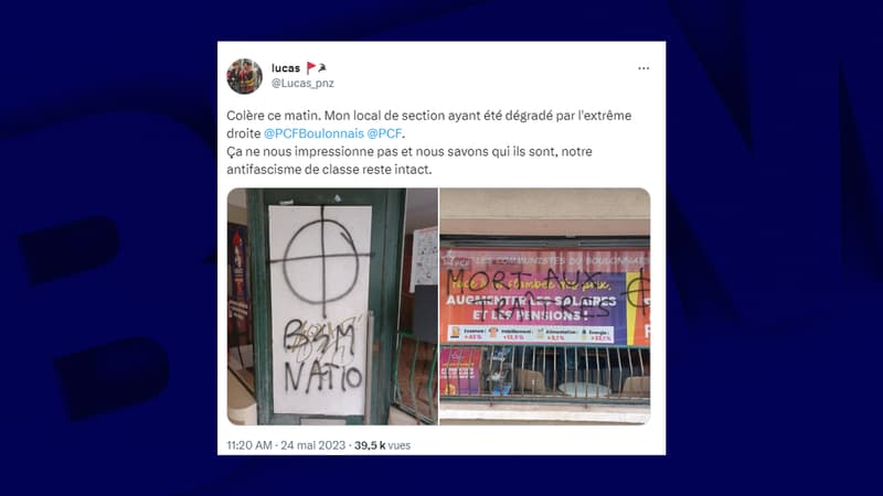 Le local du PCF à Boulogne-sur-Mer tagué avec des messages d'extrême droite.