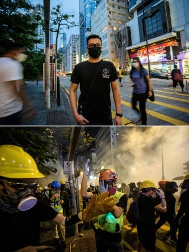 Photomontage d'une photo prise le 25 mai 2020 (HAUT) montrant Nok, 29 ans, qui a quitté son poste d'infirmier pour se joindre au mouvement prodémocratie en tant qu'infirmier volontaire, posant au même endroit (BAS) que lors d'une manife... Photomontage d'une photo prise le 25 mai 2020 (HAUT) montrant Nok, 29 ans, qui a quitté son poste d'infirmier pour se joindre au mouvement prodémocratie en tant qu'infirmier volontaire, posant au même endroit (BAS) que lors d'une manife...