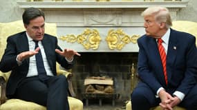 Le secrétaire général de l'OTAN, Mark Rutte lors de sa rencontre avec le président américain Donald Trump dans le bureau ovale de la Maison Blanche le 13 mars 2025.
