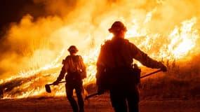 Des pompiers luttent contre le flammes autour du lac Castaic, Californie, le 22 janvier 2025