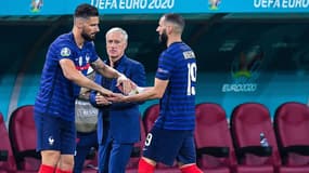 Karim Benzema et Olivier Giroud lors de France-Suisse, à l'Euro 2021.